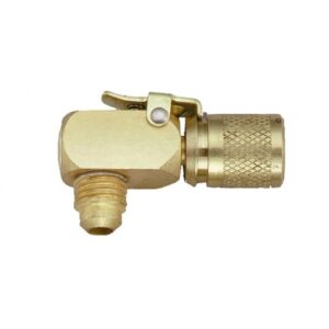 Imperial 17C Kwik Coupler Elbow, a brass fitting with a 1/4 inch connection, designed for quick and easy connection of HVAC/R hoses at a 90-degree angle.