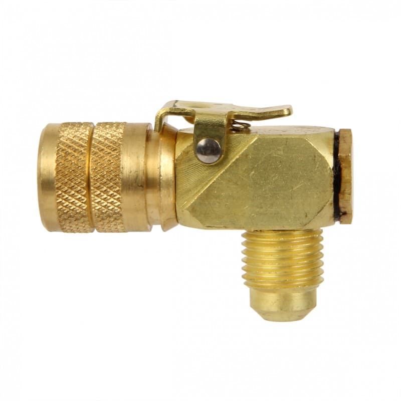 Imperial 17C Kwik Coupler Elbow, a brass fitting with a 1/4 inch connection, designed for quick and easy connection of HVAC/R hoses at a 90-degree angle.