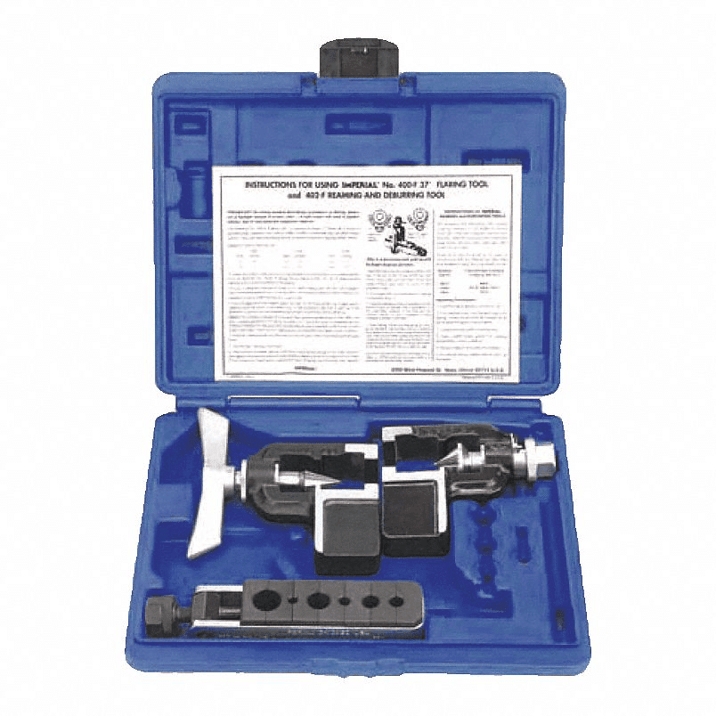 Imperial 402FA 37 Degree ROL-AIR Flaring and Reaming Kit, featuring a yoke assembly, feed screw, and reamer for creating precise 37-degree flares on various tubing sizes, commonly used in HVAC/R applications.