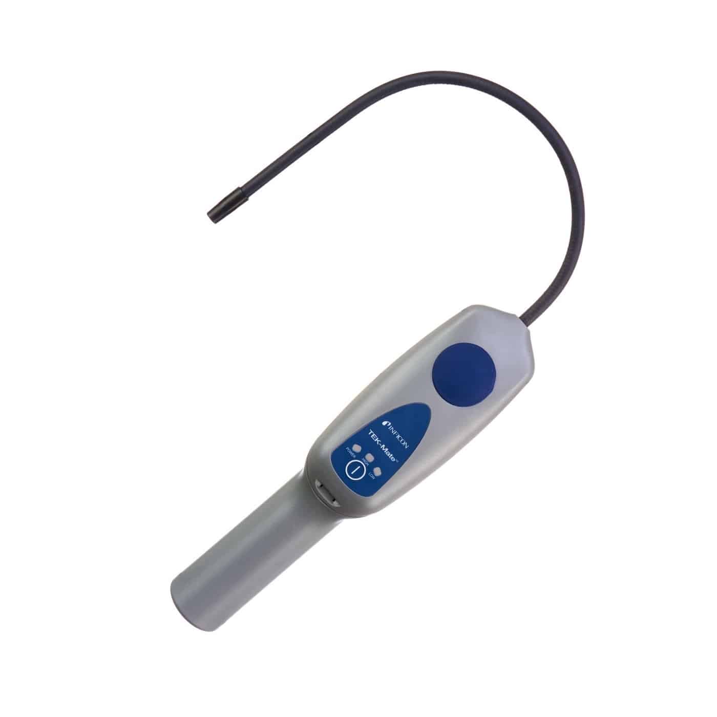 INFICON TEK-Mate Refrigerant Leak Detector, a handheld tool with a flexible probe, used for detecting leaks of R410A and R134A refrigerants in HVAC systems.