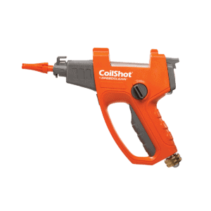 SpeedClean SC-CS-100 CoilShot Condenser Cleaner Tool in use, spraying cleaning solution onto a dirty outdoor air conditioner condenser coil.