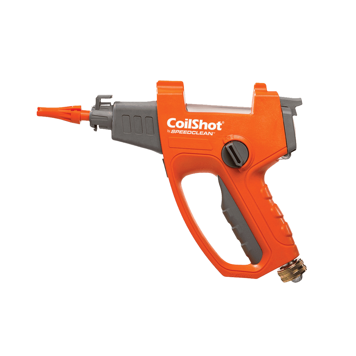 SpeedClean SC-CS-100 CoilShot Condenser Cleaner Tool in use, spraying cleaning solution onto a dirty outdoor air conditioner condenser coil.