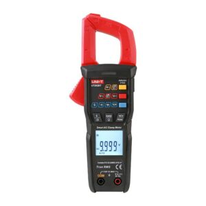 Uni-T UT202BT Smart AC Clamp Meter, a compact digital clamp meter with an orange and black body, showing its jaws for current measurement and display screen.