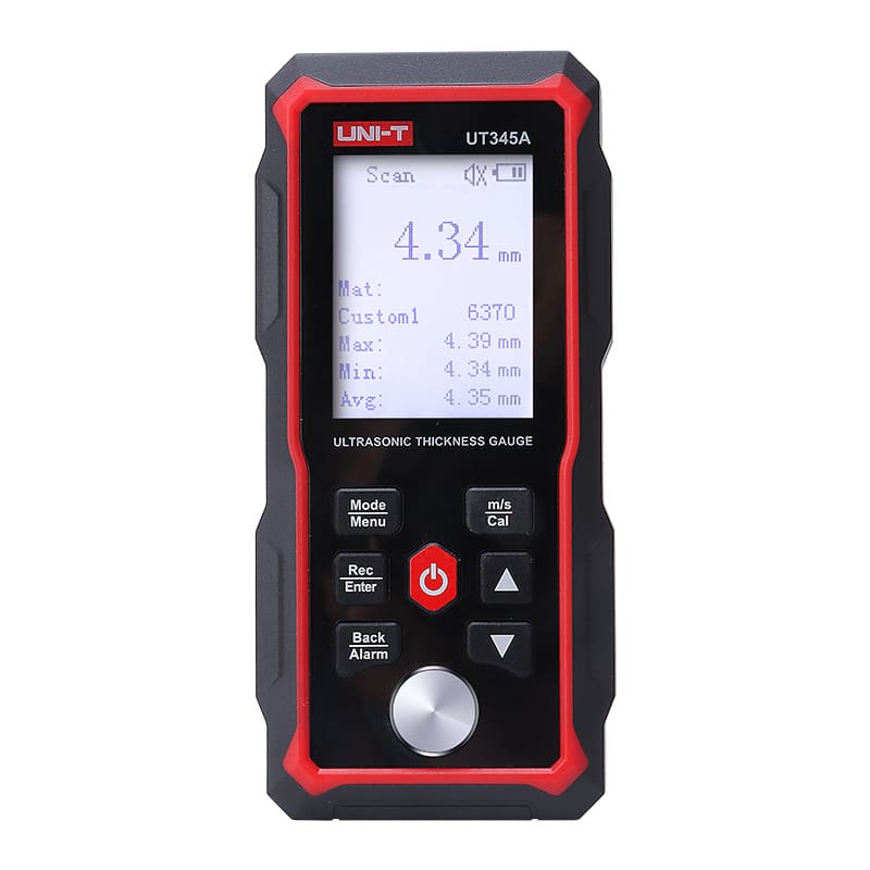 Uni-T UT345A Ultrasonic Thickness Gauge, a portable device showing its display and probe for non-destructive material thickness measurement.
