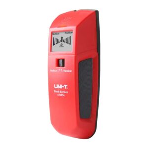 Uni-T UT387A Wall Scanner, a compact handheld device for detecting studs, metal pipes, and live electrical wiring behind walls. The image shows its digital display and ergonomic design.