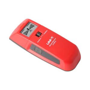 Uni-T UT387A Wall Scanner, a compact handheld device for detecting studs, metal pipes, and live electrical wiring behind walls. The image shows its digital display and ergonomic design.