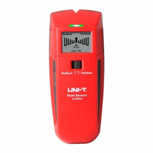 Uni-T UT387A Wall Scanner, a compact handheld device for detecting studs, metal pipes, and live electrical wiring behind walls. The image shows its digital display and ergonomic design.