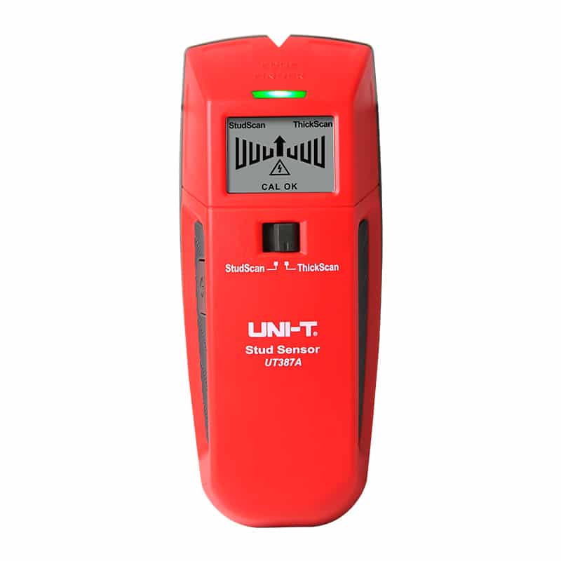 Uni-T UT387A Wall Scanner, a compact handheld device for detecting studs, metal pipes, and live electrical wiring behind walls. The image shows its digital display and ergonomic design.