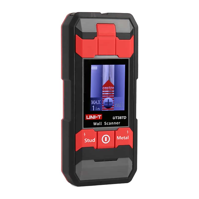 Uni-T UT387D Wall Scanner, a compact handheld device with a clear digital display, used for detecting studs, metal pipes, and live electrical wiring behind walls.