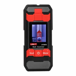 Uni-T UT387D Wall Scanner, a compact handheld device with a clear digital display, used for detecting studs, metal pipes, and live electrical wiring behind walls.