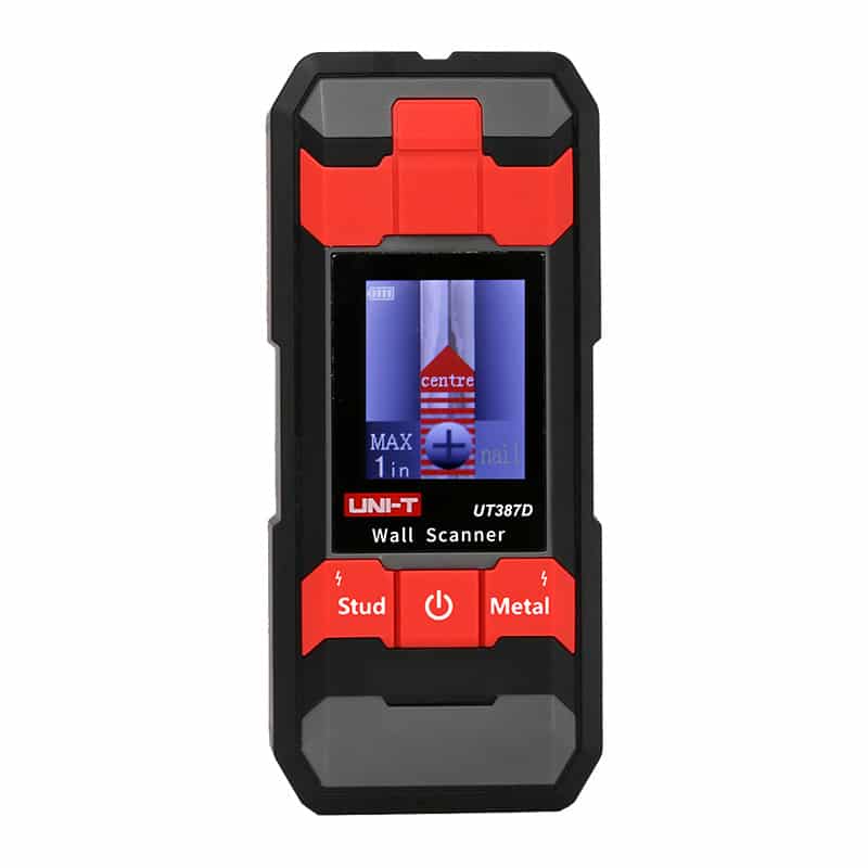 Uni-T UT387D Wall Scanner, a compact handheld device with a clear digital display, used for detecting studs, metal pipes, and live electrical wiring behind walls.