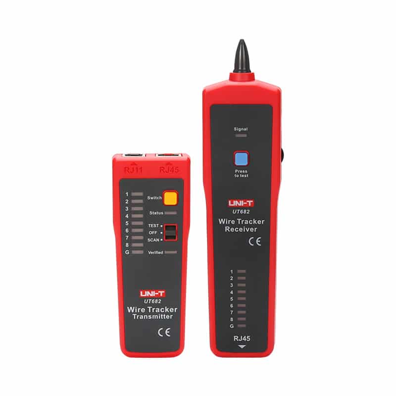 Uni-T UT682 Wire Tracker, a yellow and black handheld device for locating and tracing cables, checking telephone lines, and identifying cable breaks.