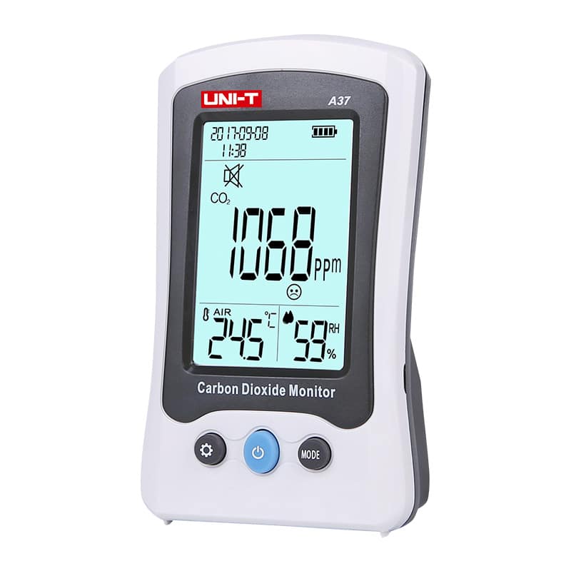 Uni-T UT-A37 CO2 Meter, a portable device displaying carbon dioxide concentration on its screen, used for monitoring indoor air quality.