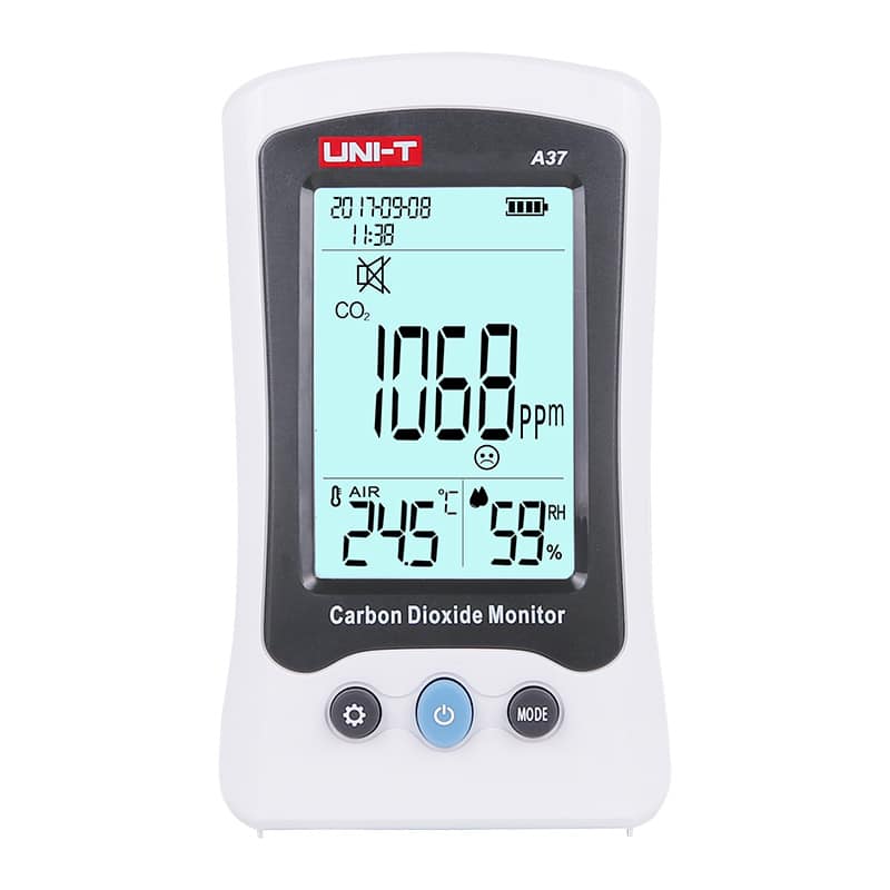 Uni-T UT-A37 CO2 Meter, a portable device displaying carbon dioxide concentration on its screen, used for monitoring indoor air quality.