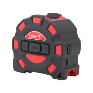 A close-up of the Uni-T LM60T Series Laser Tape, a versatile measuring tool combining a traditional tape measure with a laser distance meter. It's compact and ideal for DIY projects, home improvement, and construction.