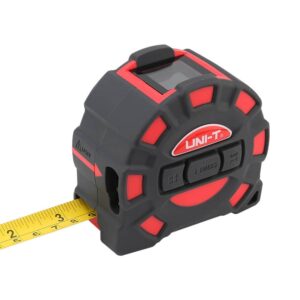 A close-up of the Uni-T LM60T Series Laser Tape, a versatile measuring tool combining a traditional tape measure with a laser distance meter. It's compact and ideal for DIY projects, home improvement, and construction.