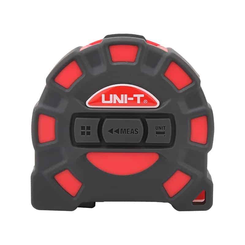 A close-up of the Uni-T LM60T Series Laser Tape, a versatile measuring tool combining a traditional tape measure with a laser distance meter. It's compact and ideal for DIY projects, home improvement, and construction.