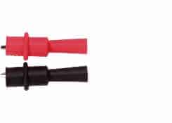 Close-up of a pair of black Uni-T UT-C05A (M4) Threaded Bore Alligator Clips with protective covers. The clips have strong jaws and a durable construction, ideal for electrical testing and measurement applications.