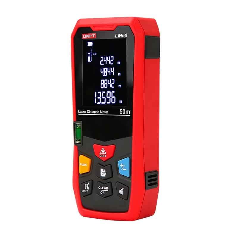 Uni-T UT-LM50 Laser Distance Meter. Measures distances up to 50 meters with accuracy and speed. Compact and easy to use.