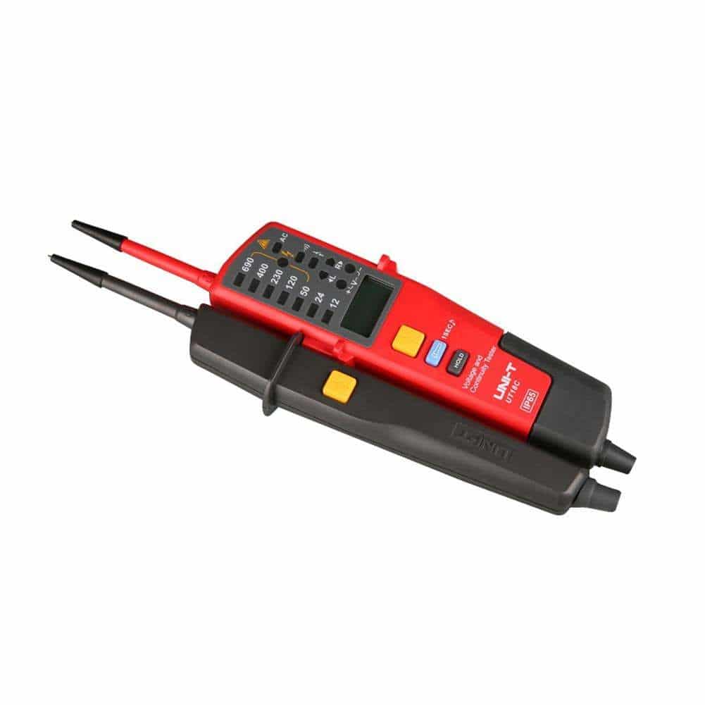 Uni-T UT18C Voltage and Continuity Tester. A rugged, handheld electrical tester for AC/DC voltage and continuity testing with IP65 rating.
