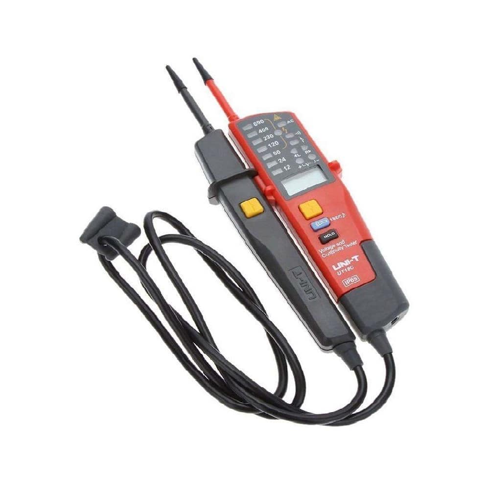 Uni-T UT18C Voltage and Continuity Tester. A rugged, handheld electrical tester for AC/DC voltage and continuity testing with IP65 rating.