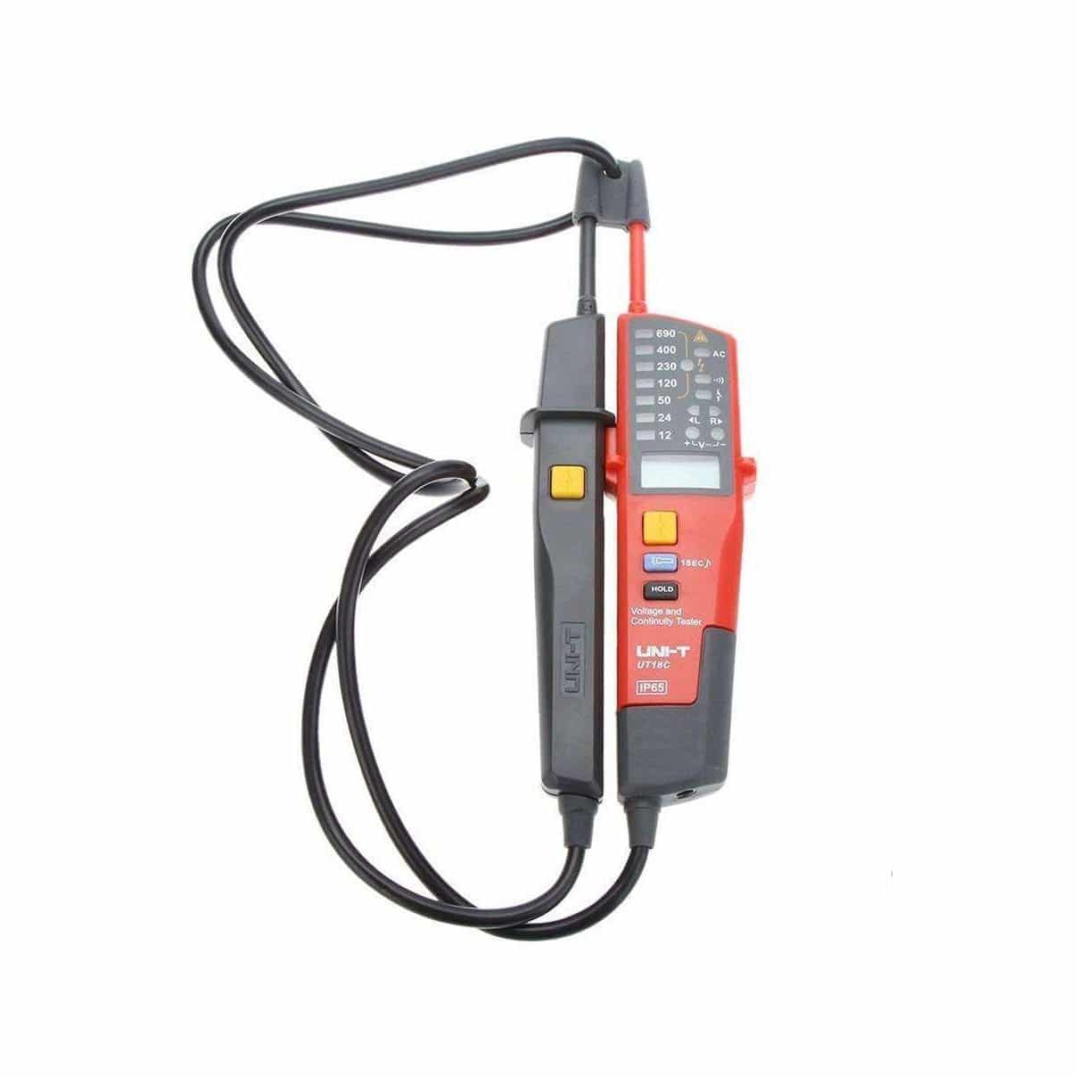 Uni-T UT18C Voltage and Continuity Tester. A rugged, handheld electrical tester for AC/DC voltage and continuity testing with IP65 rating.