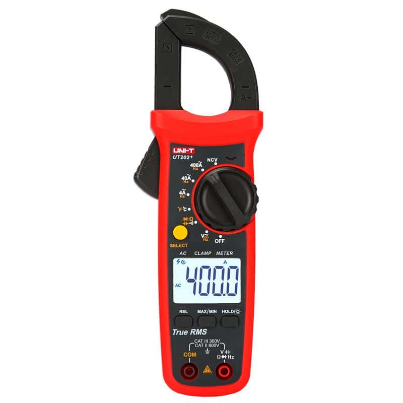 Uni-T UT202+ 400A AC Digital Clamp Meter. A reliable and versatile tool for measuring AC current, voltage, resistance, and more in electrical systems.
