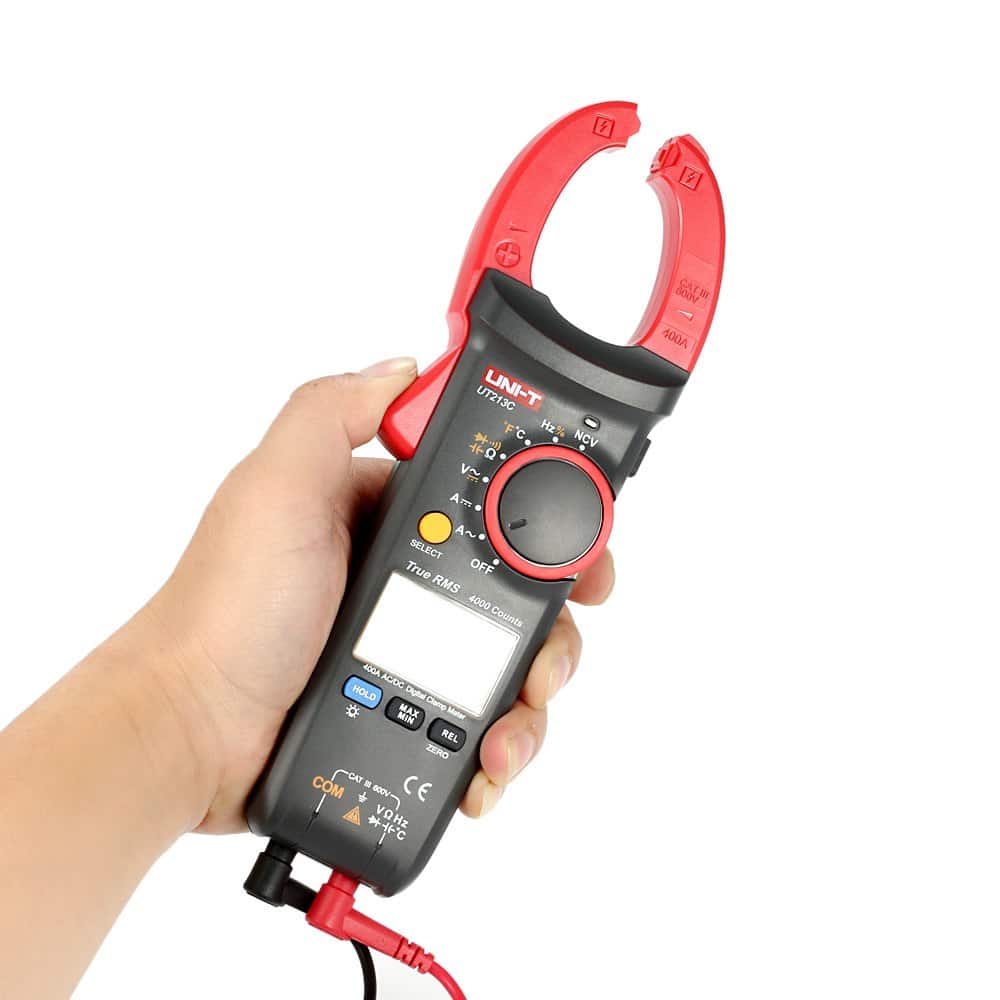 Uni-T UT213C 400A True RMS Digital Clamp Meter CAT III. Measures AC/DC current, voltage, resistance, capacitance, and temperature with true RMS accuracy and CAT III safety rating.