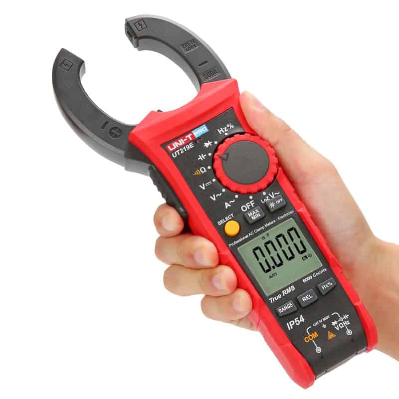 Uni-T UT219DS Dual LCD Professional Clamp Meter. Measures AC/DC current, voltage, resistance, capacitance, and temperature with dual display for simultaneous readings.