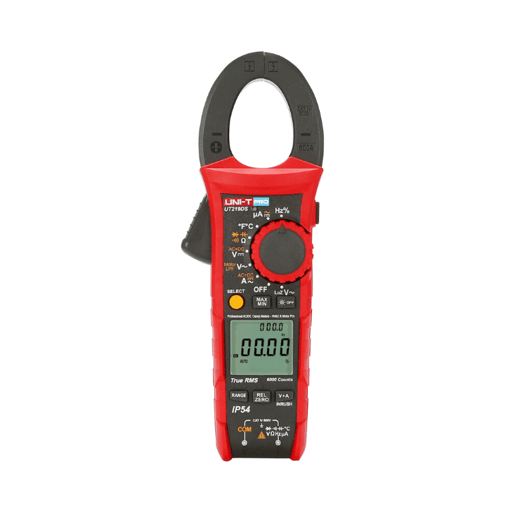 Uni-T UT219DS Dual LCD Professional Clamp Meter. Measures AC/DC current, voltage, resistance, capacitance, and temperature with dual display for simultaneous readings.