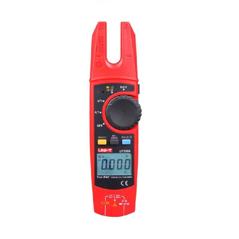 Uni-T UT256B Fork Meter. A compact and safe AC/DC current clamp meter with a fork-style jaw for non-contact measurements.