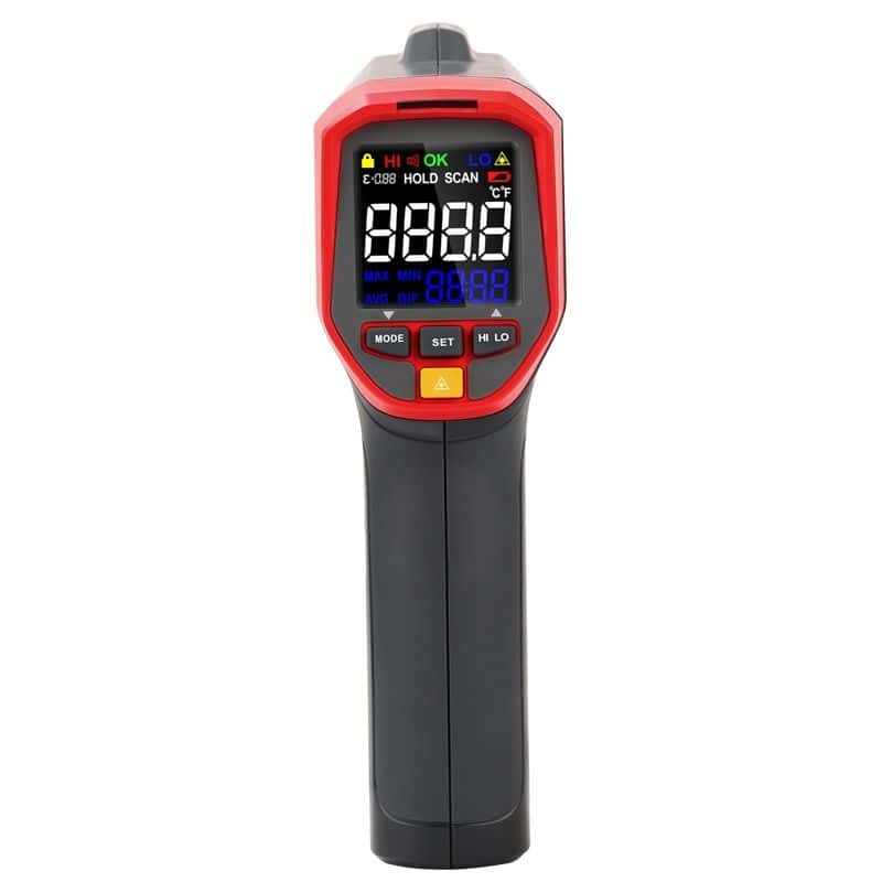 Uni-T UT302A+ Colour LCD Infrared Thermometer with a temperature range of -32°C to 700°C. Features a colour display for easy temperature readings.