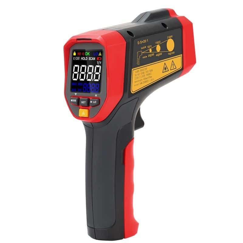 Uni-T UT302A+ Colour LCD Infrared Thermometer with a temperature range of -32°C to 700°C. Features a colour display for easy temperature readings.