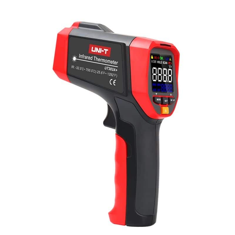 Uni-T UT302A+ Colour LCD Infrared Thermometer with a temperature range of -32°C to 700°C. Features a colour display for easy temperature readings.