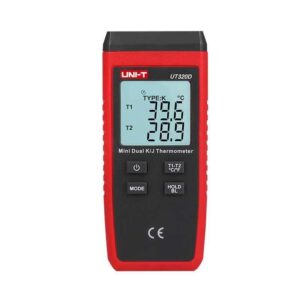 The UNI-T UT320D mini-contact thermometer is a dual-channel K/J thermocouple thermometer designed for household use. It boasts a digital display.