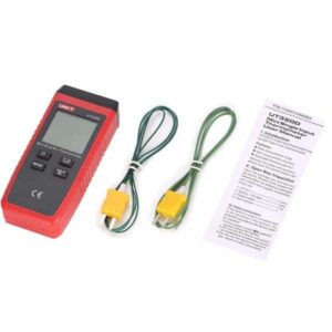 The UNI-T UT320D mini-contact thermometer is a dual-channel K/J thermocouple thermometer designed for household use. It boasts a digital display.