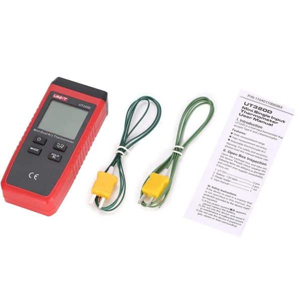 The UNI-T UT320D mini-contact thermometer is a dual-channel K/J thermocouple thermometer designed for household use. It boasts a digital display.