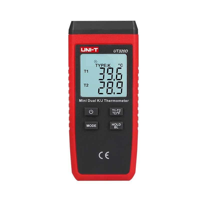 The UNI-T UT320D mini-contact thermometer is a dual-channel K/J thermocouple thermometer designed for household use. It boasts a digital display.