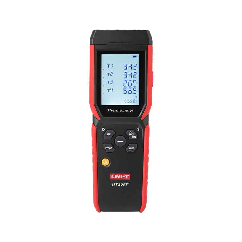 Uni-T UT325F 4-Channel Thermometer, a digital temperature measurement device with four channels for simultaneous readings. Ideal for industrial and laboratory applications.