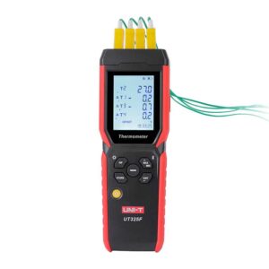 Uni-T UT325F 4-Channel Thermometer, a digital temperature measurement device with four channels for simultaneous readings. Ideal for industrial and laboratory applications.