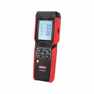 Uni-T UT325F 4-Channel Thermometer, a digital temperature measurement device with four channels for simultaneous readings. Ideal for industrial and laboratory applications.