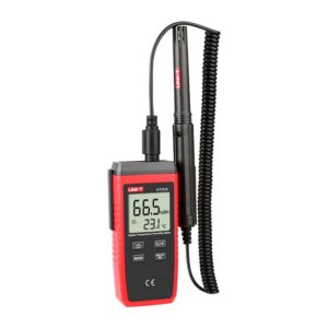 Uni-T UT333S Digital Temperature and Humidity Meter, showing the compact device with a clear LCD screen displaying temperature and humidity readings.