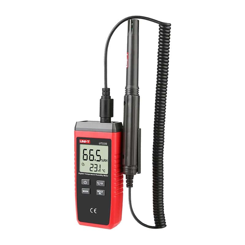 Uni-T UT333S Digital Temperature and Humidity Meter, showing the compact device with a clear LCD screen displaying temperature and humidity readings.