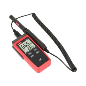 Uni-T UT333S Digital Temperature and Humidity Meter, showing the compact device with a clear LCD screen displaying temperature and humidity readings.