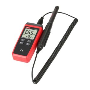 Uni-T UT333S Digital Temperature and Humidity Meter, showing the compact device with a clear LCD screen displaying temperature and humidity readings.
