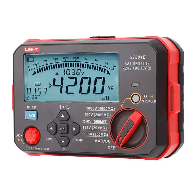 Uni-T UT501E Fast Insulation Tester, a handheld device for measuring insulation resistance in electrical equipment.