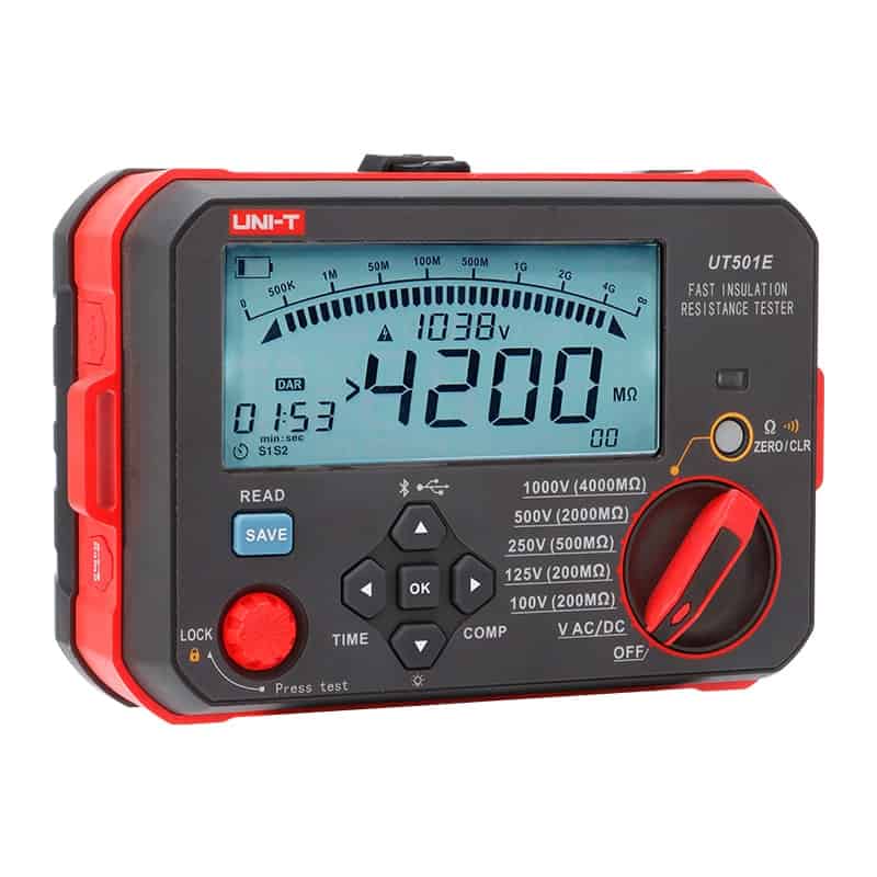 Uni-T UT501E Fast Insulation Tester, a handheld device for measuring insulation resistance in electrical equipment.