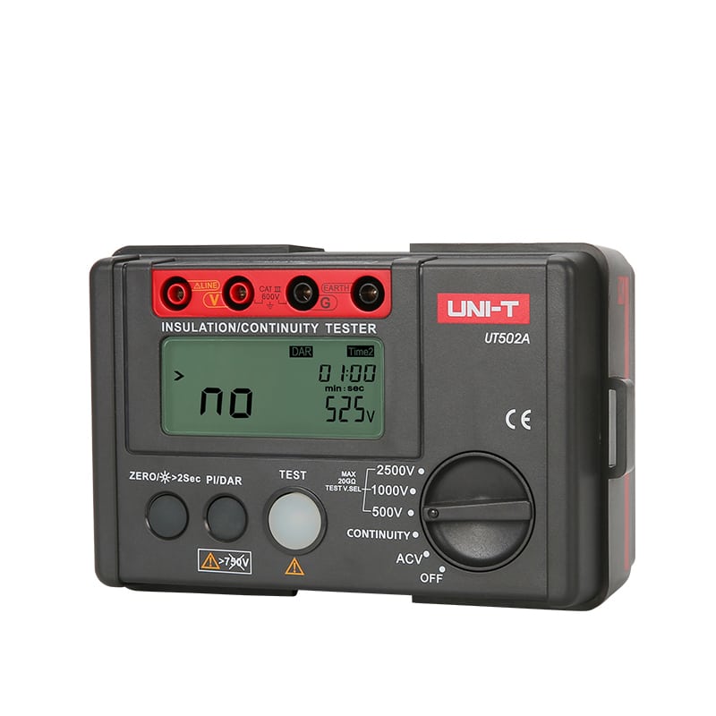 Uni-T UT502A 2500V Insulation Resistance Tester. Features DAR and PI functions for comprehensive electrical insulation testing.