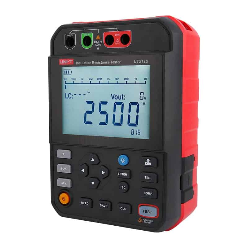 Close-up of the Uni-T UT512D/UT512E 2.5kV Insulation Resistance Testers, highlighting their compact and durable design.