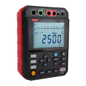 A close-up of the Uni-T UT512E 2.5kV Insulation Resistance Tester, a professional-grade electrical testing device.